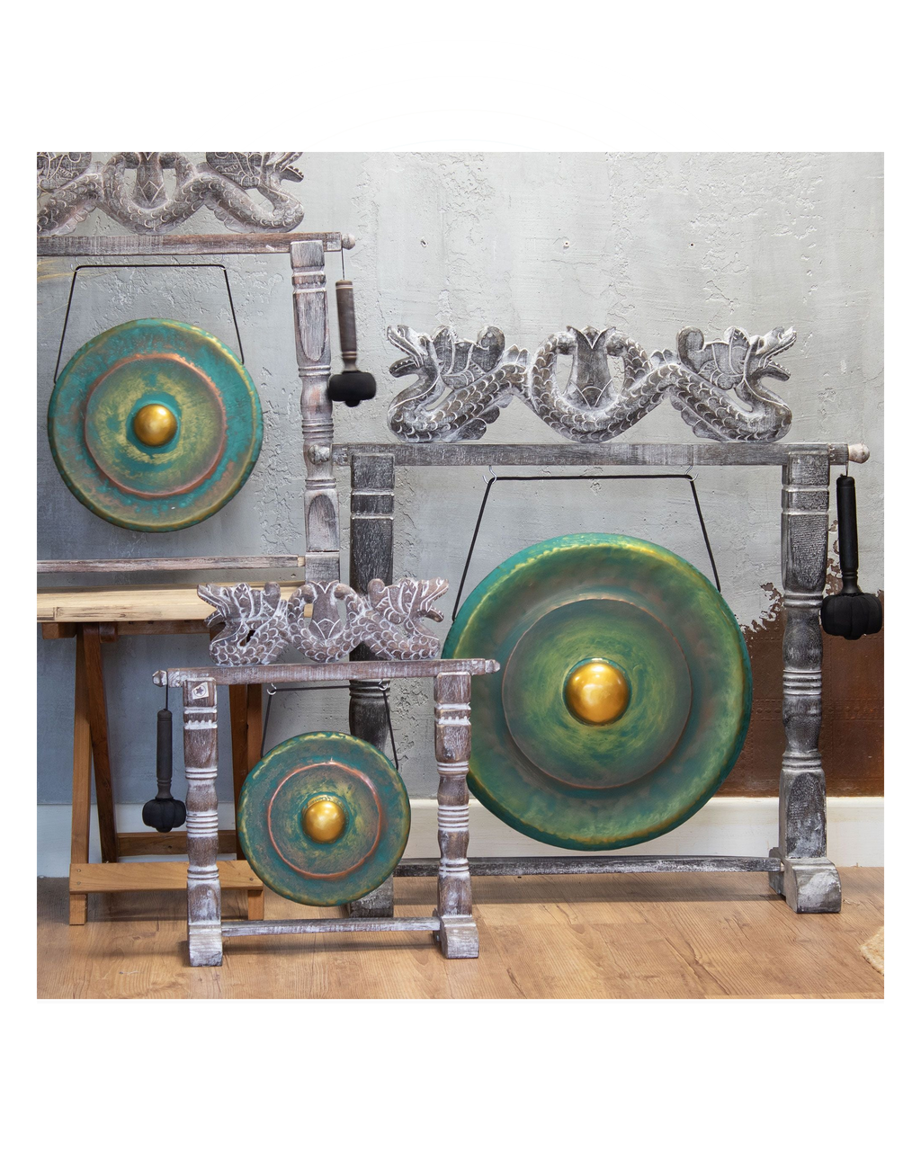 Gong in stand — 50cm, greenwash — detail-0